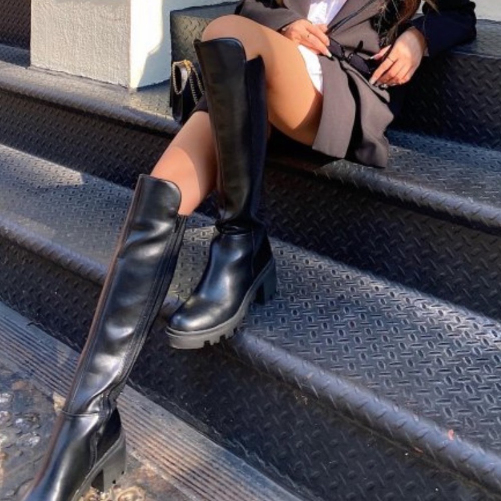 Knee High Faux Leather Block Heel Boots ShoeDazzle
